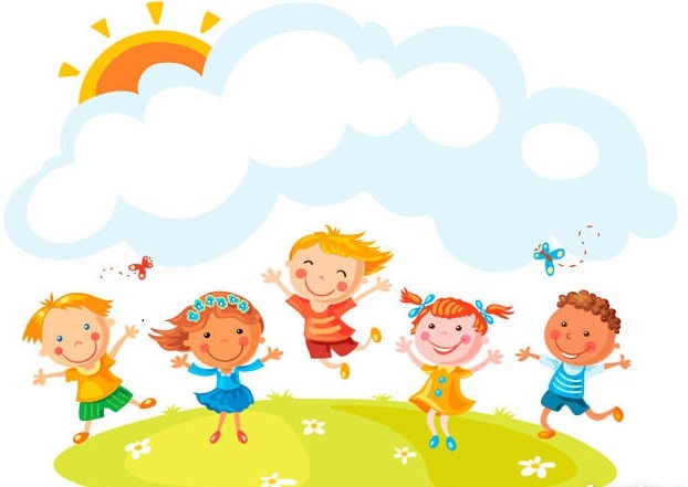 trawa, słońce, chmury i bawiące się dzieci - rysunek