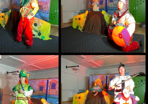 Na zdjęciu podzielonym na cztery części widać rycerzy w przebraniach z różnych krajów.