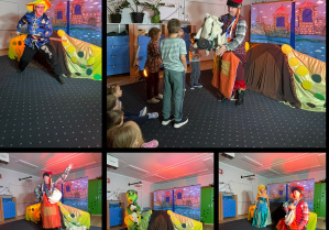 Na podzielonym na pięć częśći zdjęciu widać smoka, Szewczyka i Królewnę Wandę oraz dzieci, które pomagają przy wypchaniu owczej skóry.