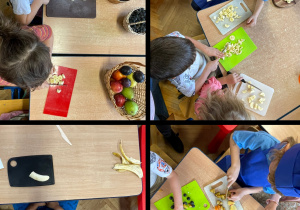 Na zdjęciach widać jak dzieci kroją owoce do sałatki