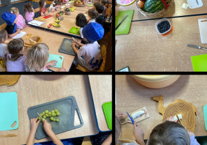 Zdjecie jest podzielone na cztery części w górnej lewej widać jak nauczycielka mówi coś do dzieci, które siedzą przy stolikach. Na pozostałych zdjęciach widać owoce leżące na deskach do krojenia.