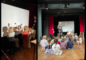 Dzieci "rzucają cienie" na podświetloną tablicę i słuchają, co mówi do nich aktor.